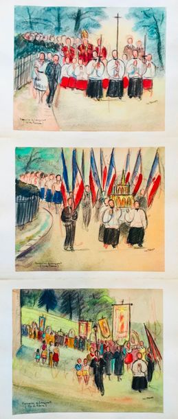 null Jean TARGET (1910-1997)

Six dessins représentnant La Procession de Longpont,...